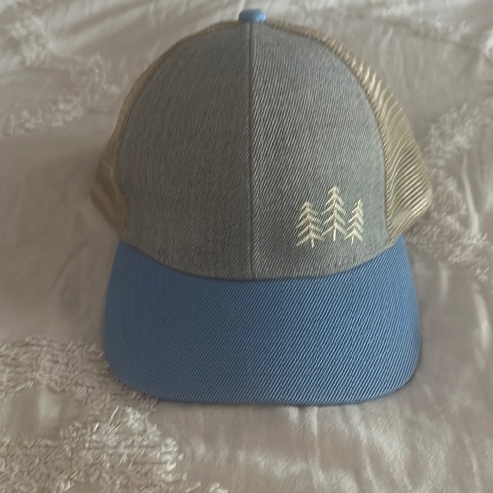 Tan and Blue Mesh Trucker Hat